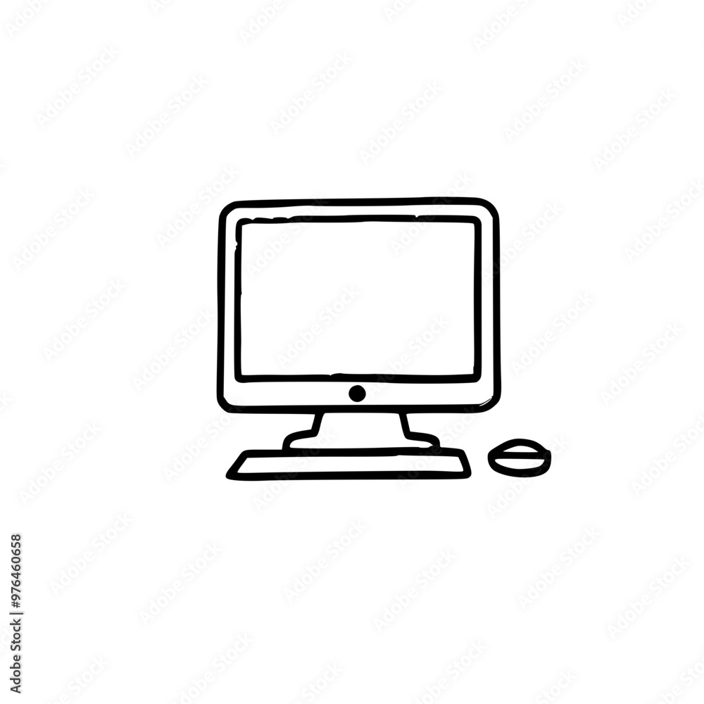 Poster minimalistic black and white outline of a computer monitor with a keyboard and mouse on a white back