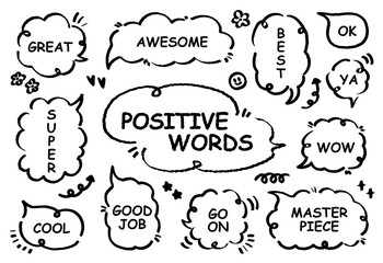 Comic style cute quote colorful speech bubble with positive words. Set of hand drawn memo frame. Cartoon doodle crayon drawing cloud, box, message. Flat vector. Best, Awesome, WOW, Master, Piece, Go