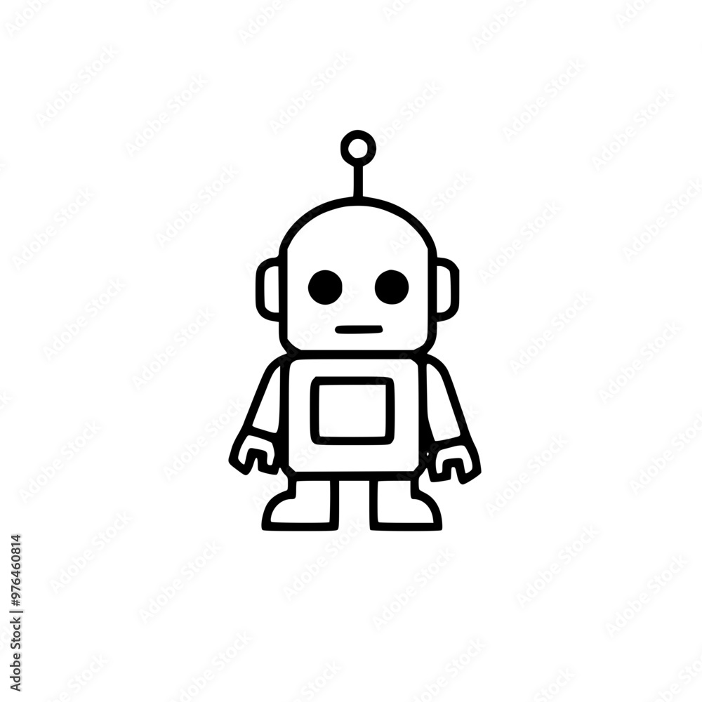 Sticker simple black and white line drawing of a cute robot with a rectangular body and an antenna on its he