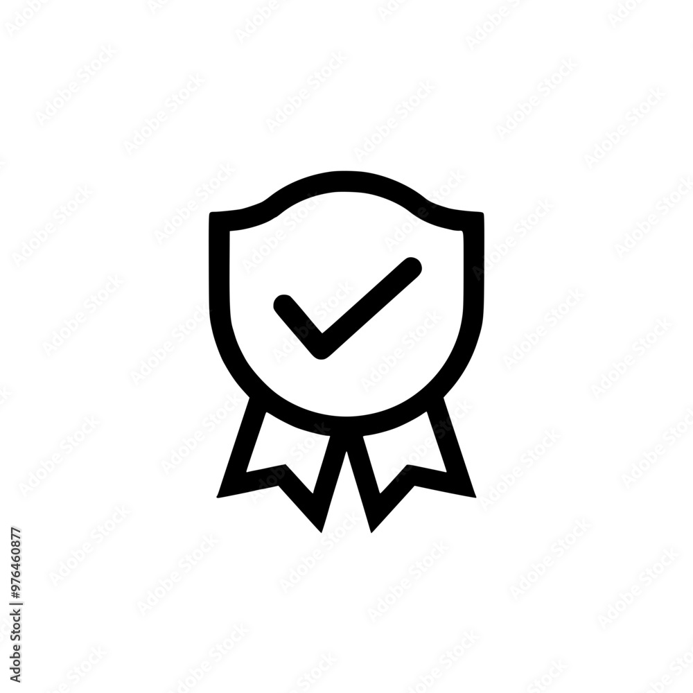 Poster black and white icon of a badge with a check mark indicating approval or certification.