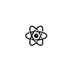 Simple black atom icon with a central nucleus, representing science and technology.