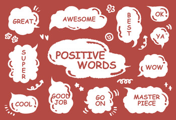 Comic style cute quote colorful speech bubble with positive words. Set of hand drawn memo frame. Cartoon doodle crayon drawing cloud, box, message. Flat vector. Best, Awesome, WOW, Master, Piece, Go