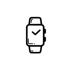 Black and white illustration of a smartwatch with a rectangular display and two buttons on the side.