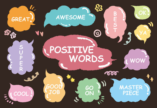 Comic style cute quote colorful speech bubble with positive words. Set of hand drawn memo frame. Cartoon doodle crayon drawing cloud, box, message. Flat vector. Best, Awesome, WOW, Master, Piece, Go