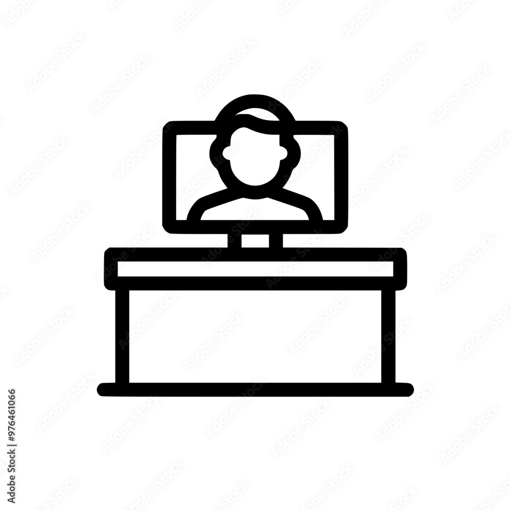 Poster outline icon of a desk with a computer monitor showing a person, representing remote work or online 