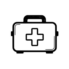 Black and white illustration of a first aid kit with a cross symbol in the center.