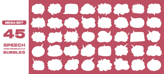 Mega set of hand drawn style cute memo sticker pink background. Variety abstract shapes of white speech bubble. Crayon draw style frame . Chat box balloon cloud. Retro blank label tag vector for text