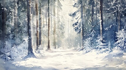 Fototapeta premium A watercolor painting of a snowy forest path.