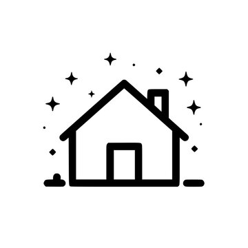 recommend clip art: Minimalistic black and white line art of a house under twinkling stars.