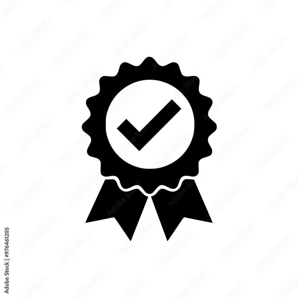 Poster black and white certification icon displaying a check mark inside a ribbon.