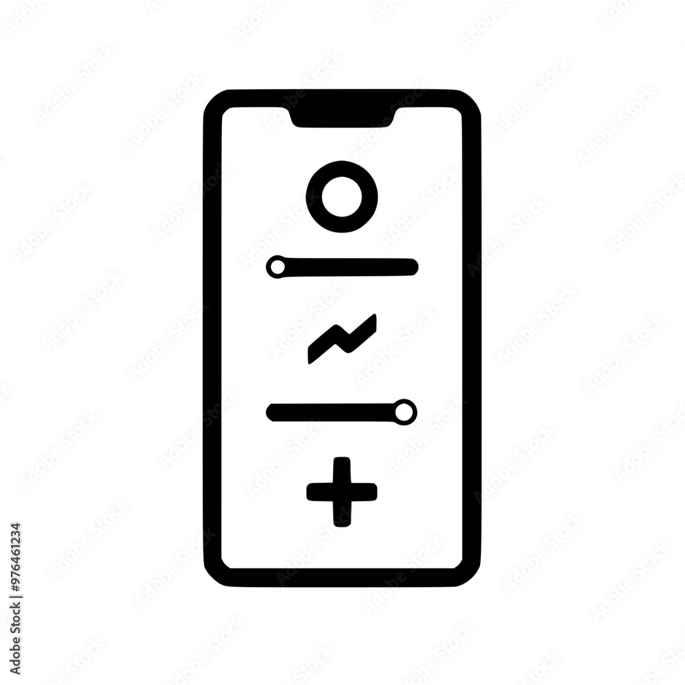 Poster minimalist monochrome icon of a smartphone with various symbols on the screen.