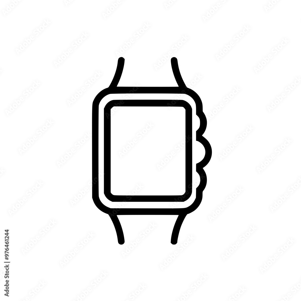 Poster minimalist line drawing of a digital smartwatch with a rectangular face, depicted in simple black st