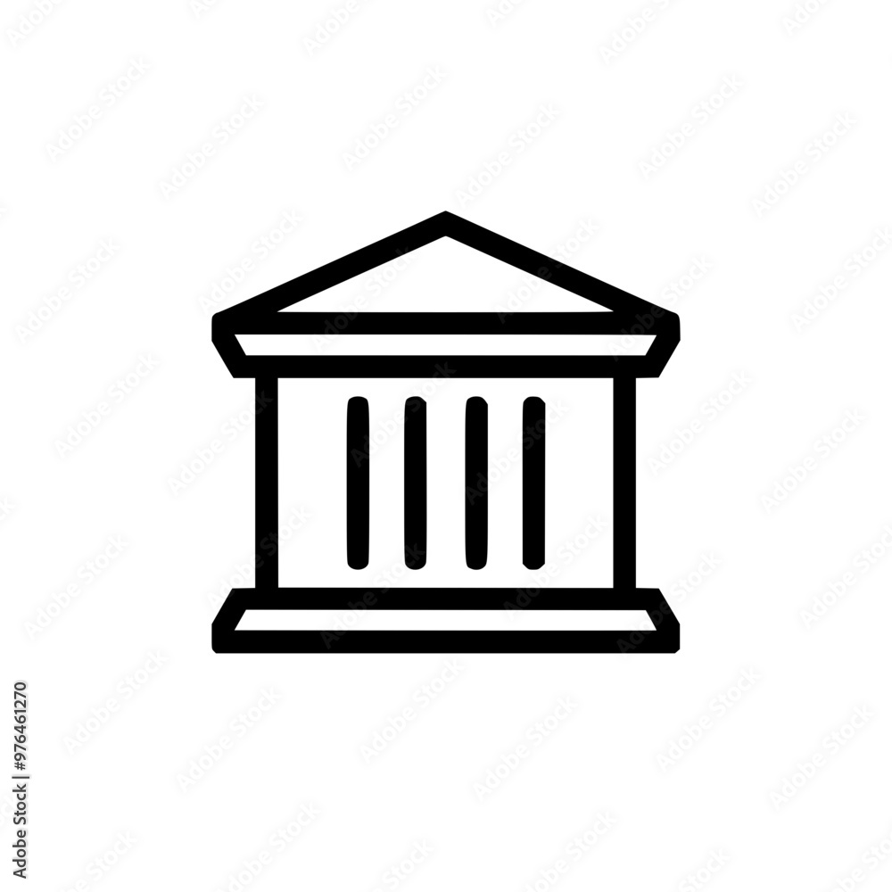 Poster simple black and white icon of a classical bank building with columns and a triangular roof.
