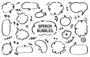 Cute quote outline draw think bubble. Set of hand drawn memo frame. Comic style blank for text. Variety of chat balloon. Doodle crayon drawing cloud Cartoon funny freehand speech box. Vector message