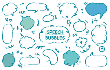 Collection of blue out line cute dialog box. Hand drawn with crayon drawing memo sticker. Doodle style chat frame for text. Cartoon conversation balloon. Set of speech bubbles in flat short message.