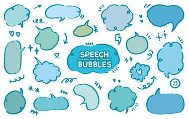 Collection of blue out line cute dialog box. Hand drawn with crayon drawing memo sticker. Doodle style chat frame for text. Cartoon conversation balloon. Set of speech bubbles in flat short message.