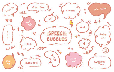 Speech bubble with short messages.Speech bubbles with short phrases,for social media comments and messages. Set of hand drawn doodle speech bubbles with handwritten short phrases. Chat balloon. Hello