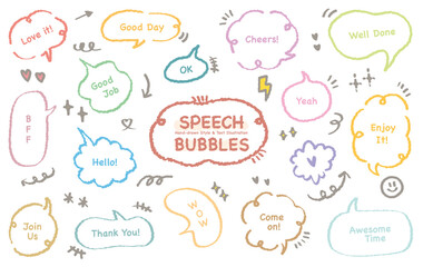 Speech bubble with short messages.Speech bubbles with short phrases,for social media comments and messages. Set of hand drawn doodle speech bubbles with handwritten short phrases. Chat balloon. Hello