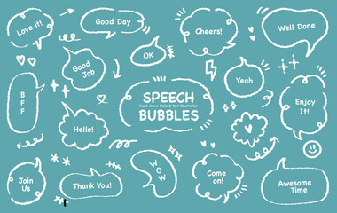 Speech bubble with short messages.Speech bubbles with short phrases,for social media comments and messages. Set of hand drawn doodle speech bubbles with handwritten short phrases. Chat balloon. Hello