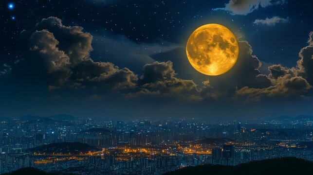 A stunning full moon illuminates the night sky over the city, casting a warm glow and creating a beautiful, serene nightscape.