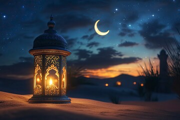 Ramadan Kareem - Arabic Lantern At Night In desert With Crescent Moon And Magic Glittering - Eid Ul Fitr, ai