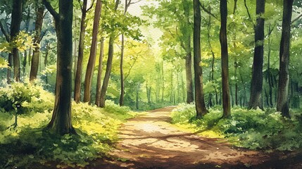 Fototapeta premium A watercolor painting of a sunlit path through a lush green forest.
