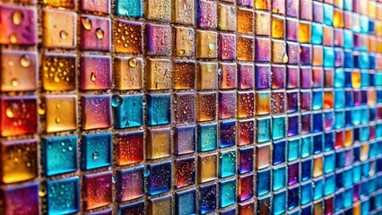 Fototapeta premium Close-up of vibrant glass tile wall with water droplets