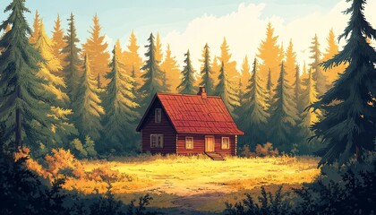 Rustic Charm of a Forest Fire Station Cabin - Cartoon Style Illustration with Copy Space