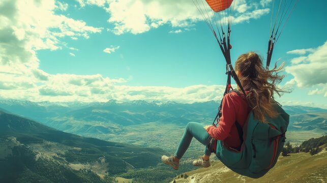 A woman paragliding over picturesque mountain landscapes on a sunny day, capturing the thrill and freedom of adventure sports.