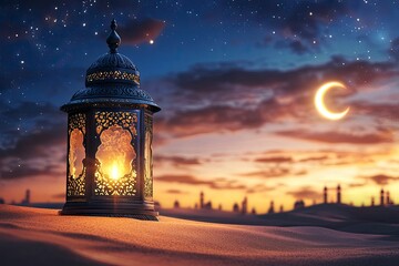 Ramadan Kareem - Arabic Lantern At Night In desert With Crescent Moon And Magic Glittering - Eid Ul Fitr, ai