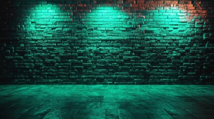 Vivid Brick Wall Illuminated by Green Neon Light - Abstract Urban Background with Copy Space.