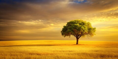 Fototapeta premium Lone tree standing in field of yellow grass with yellow sky in background