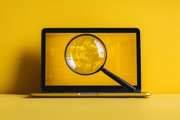 Digital Data Analysis - Magnifying Glass on Laptop Screen Against Vibrant Yellow Background with Copy Space for Text