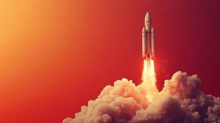 Dynamic Rocket Launching with Smoke Plume on Vibrant Red Background - Concept of Space Exploration and Innovation. Copy Space for Text.