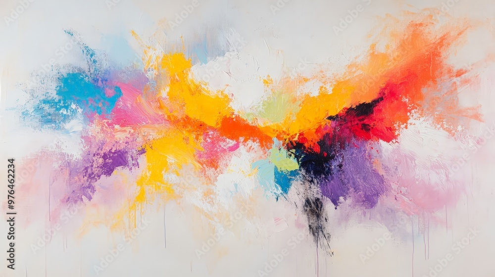 Poster an abstract minimalist painting with a burst of vibrant colors on a neutral canvas, combining simpli