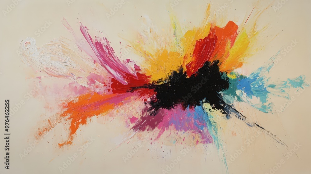 Poster an abstract minimalist painting with a burst of vibrant colors on a neutral canvas, combining simpli