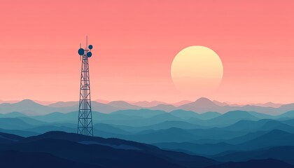 Obraz premium Futuristic Satellite Tower in Mountainous Landscape - One Line Drawing Illustration