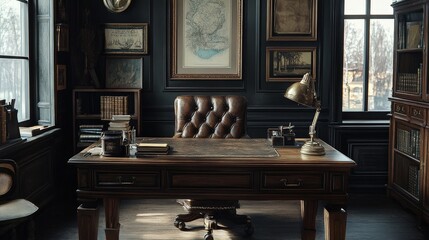An antique wooden desk with a leather top and classic design, surrounded by vintage decor elements, creating a sophisticated and timeless workspace.
