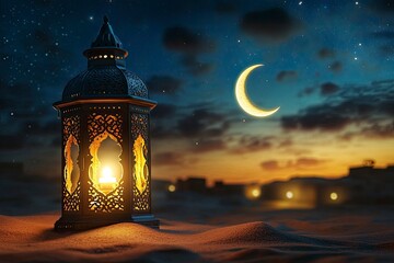 Ramadan Kareem - Arabic Lantern At Night In desert With Crescent Moon And Magic Glittering - Eid Ul Fitr , ai