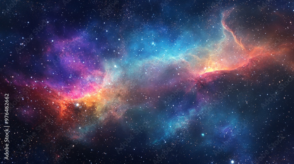 Poster an expansive view of deep space featuring a nebula with vibrant colors and intricate patterns, surro