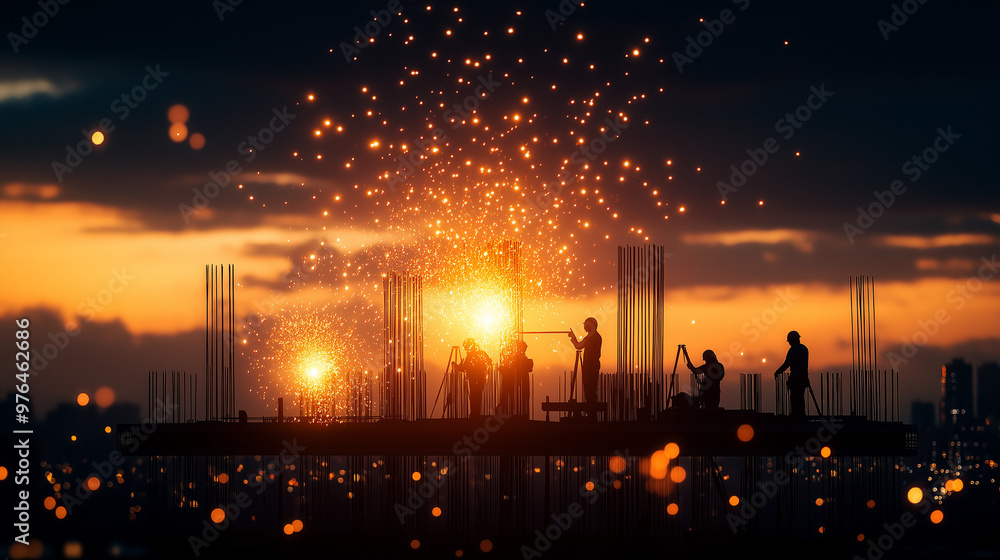 Poster the most realistic photograph of engineer and construction team silhouettes working at site over blu