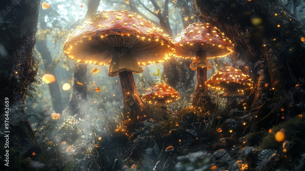 Poster an imaginative scene of magic mushrooms in a hidden glade, with ethereal light and floating spores c