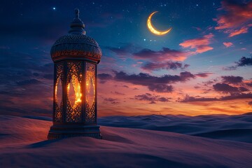 Ramadan Kareem - Arabic Lantern At Night In desert With Crescent Moon And Magic Glittering - Eid Ul Fitr , ai