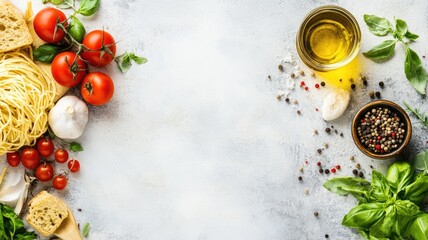 Italian-style ingredients including pasta, olive oil, garlic, tomatoes, basil, and seasonings
