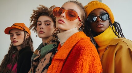 An indoor fashion shoot featuring Gen Z models with layered clothing, modern accessories, and unique combinations of styles.