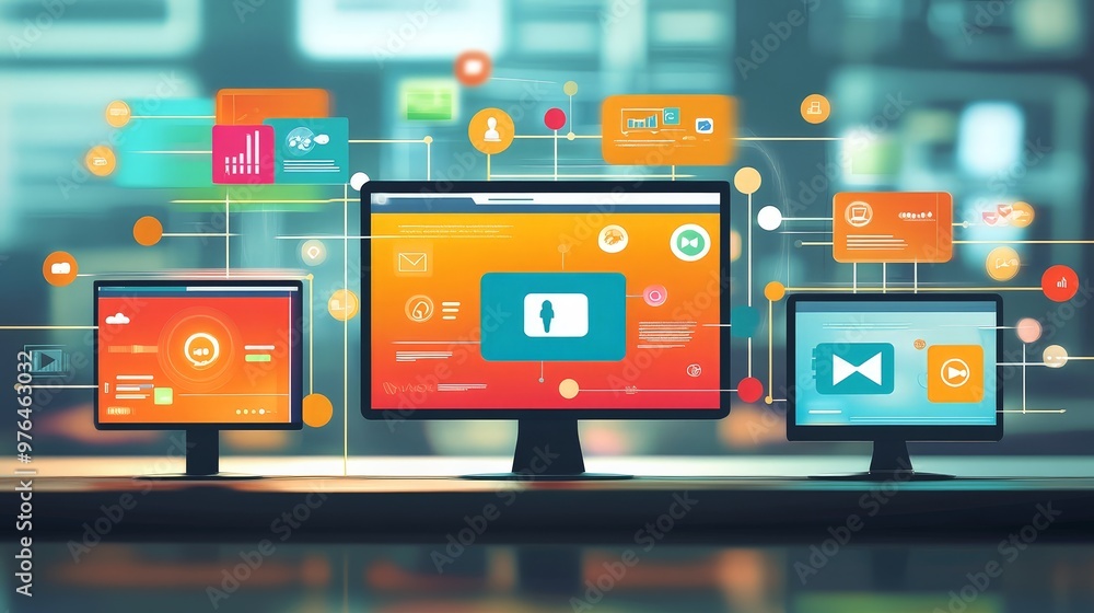 Poster capture the essence of a digital marketing campaign with vibrant graphics, social media integrations