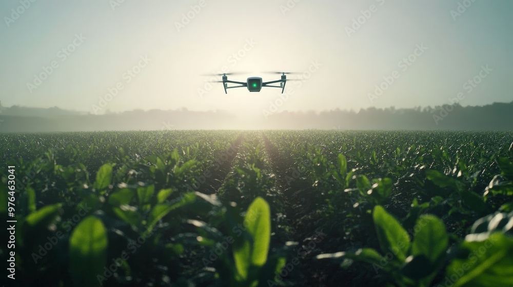 Poster capture the essence of artificial intelligence in agriculture, with ai-driven drones monitoring crop