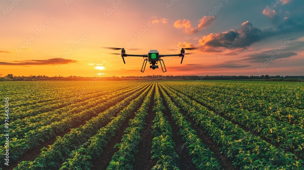 Poster capture the essence of artificial intelligence in agriculture, with ai-driven drones monitoring crop