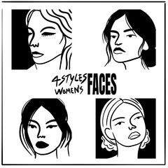 4 styles of women&rsquo;s faces in different postures, outline art style, representing the beauty of women.