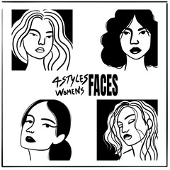 4 styles of women&rsquo;s faces in different postures, outline art style, representing the beauty of women.